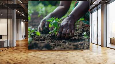 Spring Field Planting. Black Woman Planting in Garden, Supporting Nature Care and Future Growth Planning Wall mural