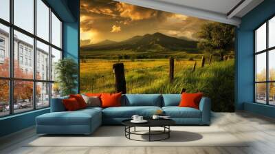 Storm Mountain Landscape: Grassy Field and Green Trees with Mountain View at Sunset Wall mural