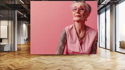 studio portrait of  adult woman with tattoos in pink t shirt, ai Wall mural