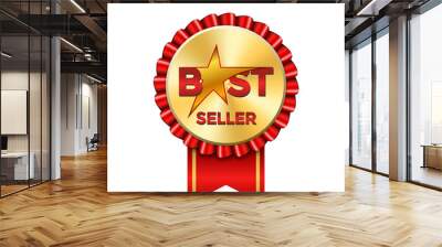 Best seller award ribbon icon. Gold red badge isolated white background. Golden bestseller label. Abstract decoration design medal, quality guarantee, certificate graphic element. Vector illustration Wall mural