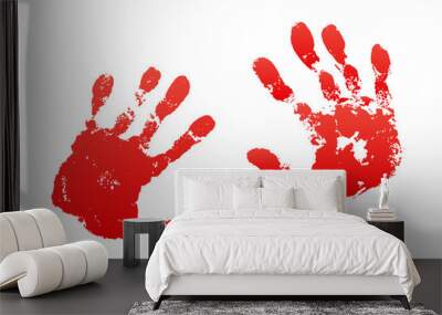 Bloody hand print isolated white background. Horror scary blood dirty handprint, fingerprint. Red palm, fingers, stain, splatter, streams. Symbol horror zombie, murder, violence. Vector illustration Wall mural