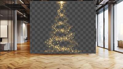 Christmas tree on transparent background. Gold Christmas tree as symbol of Happy New Year, Merry Christmas holiday celebration. Golden light decoration. Bright shiny design Vector illustration Wall mural