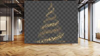 Christmas tree on transparent background. Gold Christmas tree as symbol of Happy New Year, Merry Christmas holiday celebration. Golden light decoration. Bright shiny design. Vector illustration Wall mural