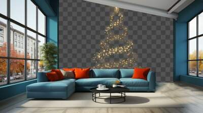 Christmas tree on transparent background. Gold Christmas tree as symbol of Happy New Year, Merry Christmas holiday celebration. Golden light decoration. Bright shiny design. Vector illustration Wall mural