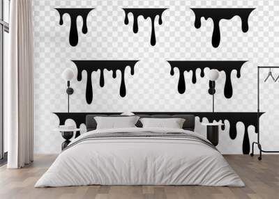 Drip paint set. Ink stain. Drop melt liquid isolated on white transparent background. Splash chocolate, oil, blood. Black splatter syrup, candy sauce, caramel. Color easy to edit. Vector illustration Wall mural