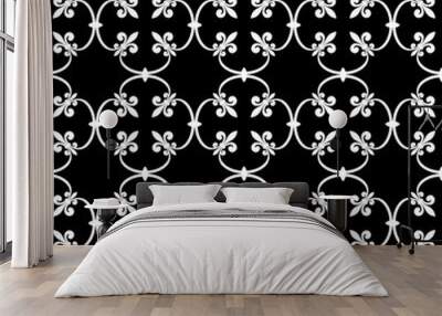 Forged seamless pattern of white fleur-de-lis on a black background. Openwork metal fence design. Modern style for wallpaper, wrapping, fabric, background, apparel, other print production. Vector Wall mural