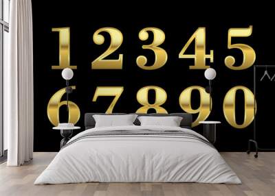 Gold numbers set. Golden metallic font, isolated on black background. Beautiful typography metal design for decoration. Symbol elegance royal graphic. Modern fashion signs. Vector illustration Wall mural