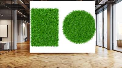 Green grass background 3D set. Lawn greenery nature ball. Abstract soccer field texture circle, rectangle. Ground landscape grassland pattern. Grassy design. Beautiful grow meadow. Vector illustration Wall mural