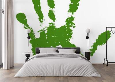 Hand paint print, isolated white background. Green human palm and fingers. Abstract art design, symbol identity people. Silhouette child, kid, people handprint. Grunge texture. Vector illustration Wall mural