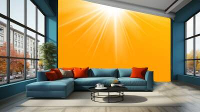 Rays yellow background. Gold sunny sky. Heat sunburs, hot weather. Sunshine orange sky. White warm sunlight. Bright golden solar sunrise, summer template. Lens optic effect. Vector illustration Wall mural