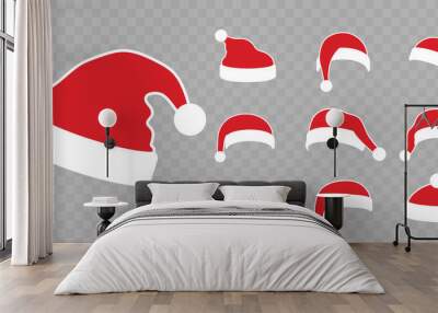 Santa Claus hat flat set. Realistic Santa Claus hat isolated transparent background. Red cap silhouette. Merry Christmas clothes cute cartoon design. New year decoration costume. Vector illustration Wall mural