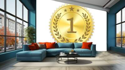 Seal award gold icon. Blank medal with laurel wreath, isolated on white background. Golden design emblem. Symbol of assurance, winner, guarantee and best label, premium, quality. Vector illustration Wall mural