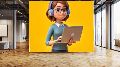 3d woman character with laptop and headphone Wall mural