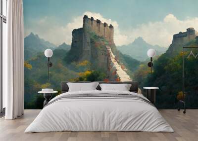 An old fort on mountain grass sky view Wall mural