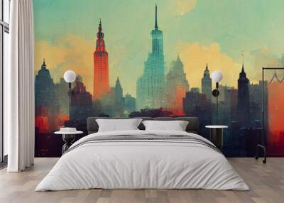 New york cityscape night buildings street cloudy sky Wall mural