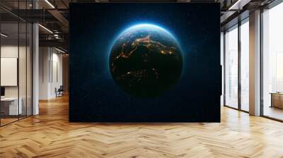 Amazing beautiful blue planet Earth with bright night city lights in starry space. Life Concept. Civilization. Space Wallpaper. Wall mural