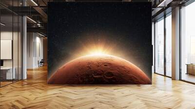 Amazing beautiful planet Mars with craters in stellar space with the sunrise light. Wall mural