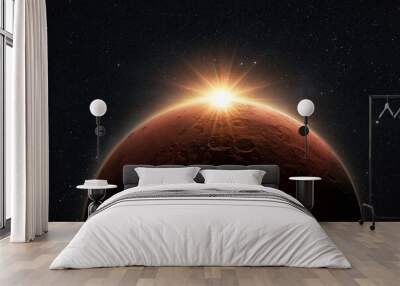 Amazing red planet Mars with sunrise rays in deep starry space. Space Wallpaper Wall mural