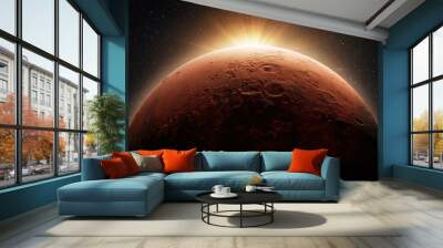 Beautiful red planet mars with craters with dawn light sun. Space concept and new home planet Wall mural