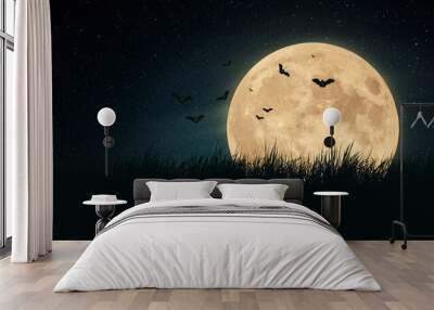 big scary moon with bats in a field of grass at night. halloween wallpaper Wall mural