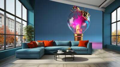 Creative golden light bulb with splashes of pink and blue paint, creative idea. Think differently, concept Wall mural