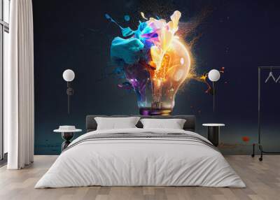 creative light bulb explodes with colorful paint and splashes on a black background. think different Wall mural