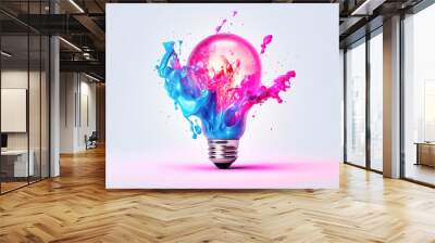 Creative light bulb explodes with pink and blue color splash paint on a white background. Creation of a creative idea, concept Wall mural