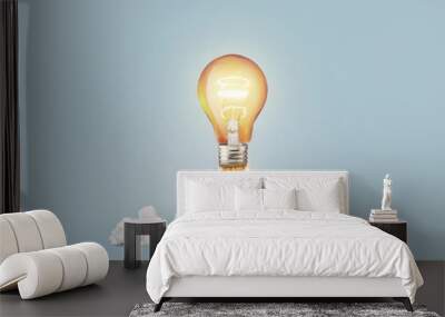 Creative light bulb rocket with blast and smoke takes off on a blue background, concept. Successful launch and development, creative idea. Think differently. Creative generator. Smart and thinking Wall mural