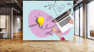 Creative workplace with strategy, laptop, yellow light bulb and plan, top view. Successful business girl works on a laptop and drinks coffee, concept. Management and workflow. Growth and start up Wall mural