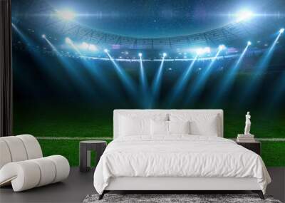 Modern football stadium with green lawn and blue spotlight. Soccer background. Football champions Wall mural