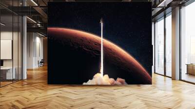 Rocket launch to the red planet Mars. Spaceship takes off into starry deep space with red planet and horizon Mars. Space mission ant travel Wall mural