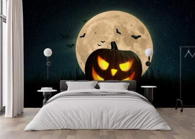 Scary pumpkin and bats in a field with a full orange moon at night . Happy halloween dark wallpaper Wall mural