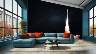 Space modern technology rocket with smoke and blast takes off to the night starry sky. Travel and space exploration, creative idea. Free space for text and design. Spaceship successful launch Wall mural