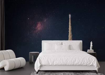 Space rocket with a blast and puffs of smoke successfully takes off into the starry sky. The beginning of a space mission. Rocket launch Wall mural