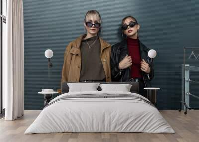 vogue two fashionable young women in stylish sunglasses in leather jackets with black jeans posing n Wall mural