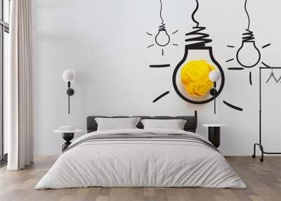 Yellow crumpled paper light bulb drawn on a white background. Brainstorm and creative idea, concept. Project and startup. Every thing begins with Idea Wall mural