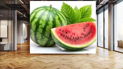 Watermelon and green leaf with half cut isolated on white background Wall mural