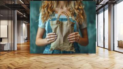 Woman holding canvas cloth bag for blank mockup Wall mural