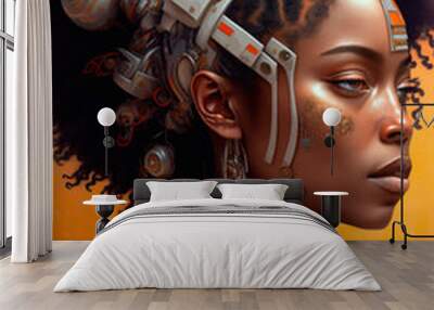 futuristic portrait of a black woman. vivid neon lighting, colors. fashionable jacket, necklace. cyb Wall mural