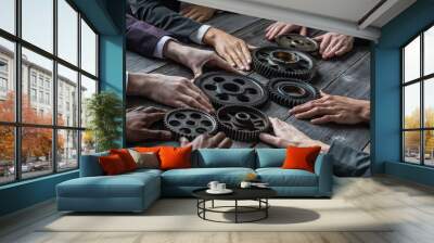 Business people joining together gears Wall mural