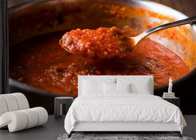 Tomato Sauce with Spoon in Metal Pan Wall mural