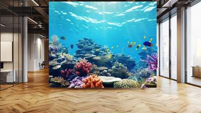 Beautiful coral reef with tropical fish. Blue underwater sea life concept background. Generative AI Wall mural