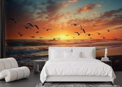 Beautiful group of birds at beach with sea wave and sunset view. Animals concept background. Generative AI Wall mural