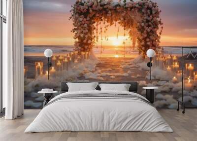 Decorative wedding ceremony at the beach with beautiful sunset view. Wall mural