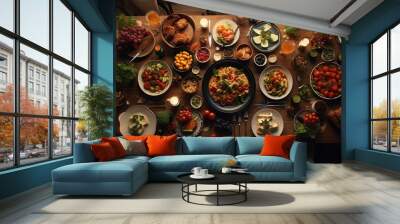 Dinner table with various food seen from top view image. Wall mural