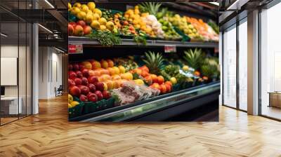 Fresh fruits and vegetables on shop stand in the supermarket or grocery store. Business healthy food concept. Wall mural