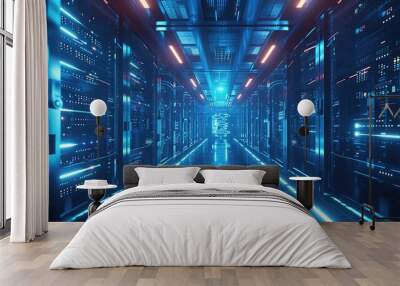 Futuristic data center room. The room is filled with computer servers and blue lights for the concept of hosting, cloud storage and global networking Wall mural