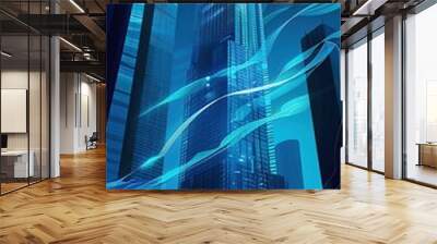 Futuristic tall building with virtual network waves for business network connection technology background Wall mural