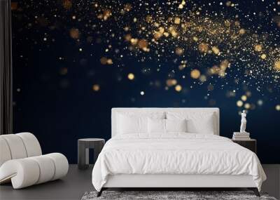 Golden glowing particles or lighting effect sparkle on dark blue for luxury and elegant banner background. Generative AI Wall mural