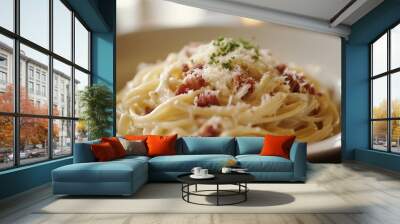 Gourmet linguine pasta with creamy carbonara in white plate on the table Wall mural